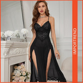 Elegant & Seductive Sheer Lace Nightgown with Double Slits – Includes Matching Underwear